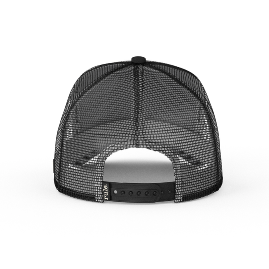 Black OVERLORD X Tom and Jerry Tom cat trucker baseball cap hat with black adjustable strap. PVC Overlord logo.