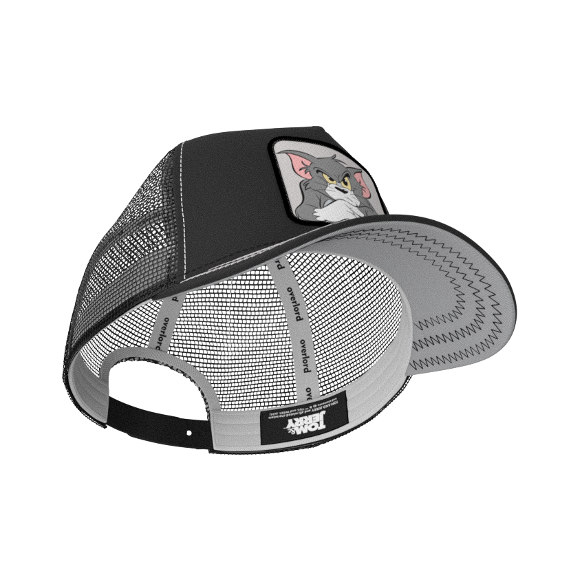 Black OVERLORD X Tom and Jerry Tom cat trucker baseball cap hat with gray sweatband and gray under brim. PVC Overlord logo.