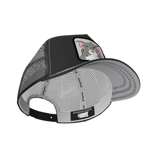 Black OVERLORD X Tom and Jerry Tom cat trucker baseball cap hat with gray sweatband and gray under brim. PVC Overlord logo.