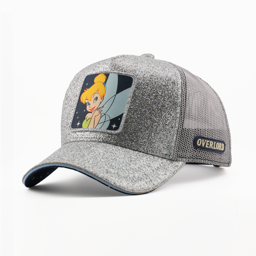 Silver glitter-textured Tinker Bell from Disney's Peter Pan retro trucker cap with a matching brim, gray mesh side, and Overlord logo.