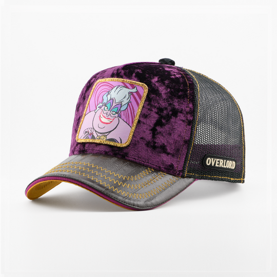 Purple velvet retro trucker cap with an Ursula from Disney's The Little Mermaid patch, croc-print texture brim, black mesh sides, and Overlord logo.