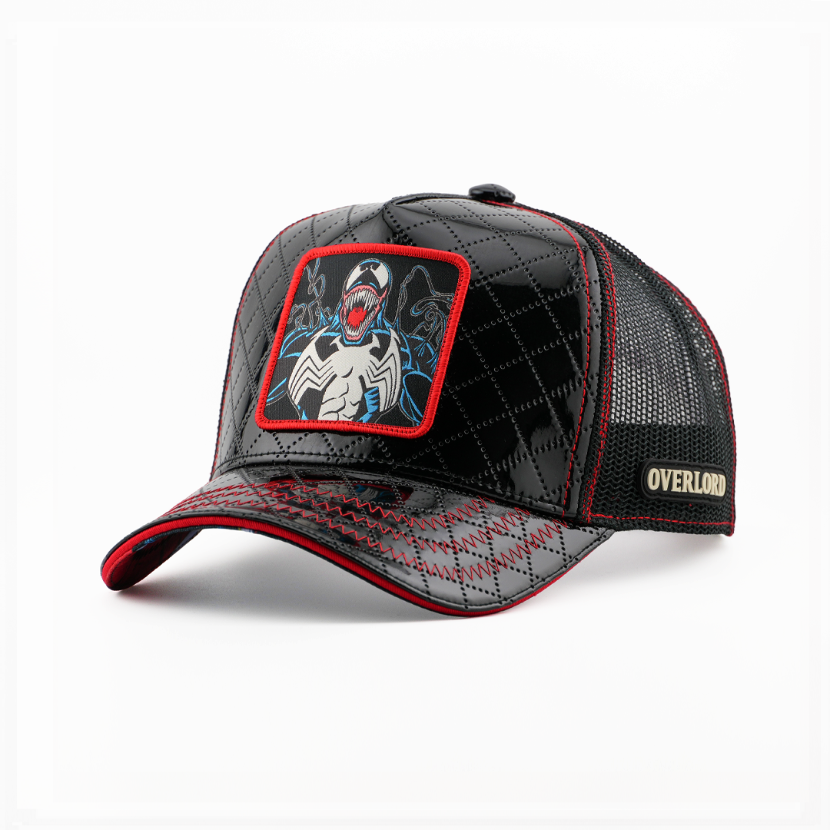 Glossy black quilted trucker cap with a snarling Marvel's Venom patch, red stitching, and an Overlord logo on the mesh side.
