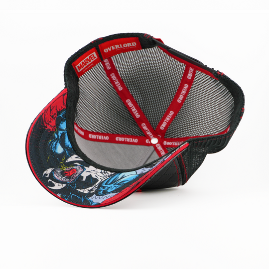 Underside view of the cap showing a Marvel-printed brim, grey mesh crown, and red Overlord branded taping.