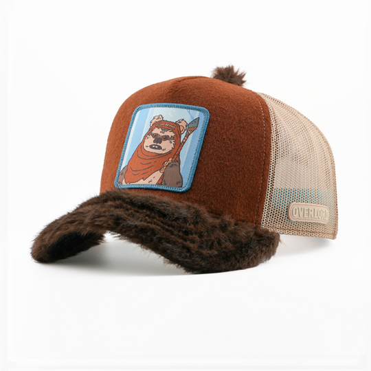 Brown trucker cap with a fuzzy faux-fur brim and a Wicket the Ewok from Star Wars patch, plus an Overlord logo on the mesh.