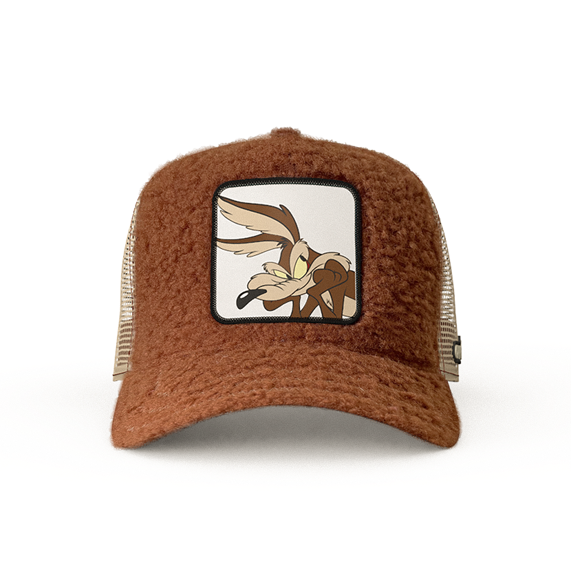 Brown sherpa OVERLORD X Looney Tunes Wile E. Coyote trucker baseball cap hat with khaki zig zag stitching. PVC Overlord logo.
