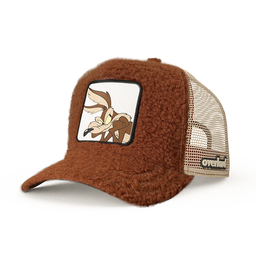 Brown sherpa OVERLORD X Looney Tunes Wile E. Coyote trucker baseball cap hat with khaki zig zag stitching. PVC Overlord logo.