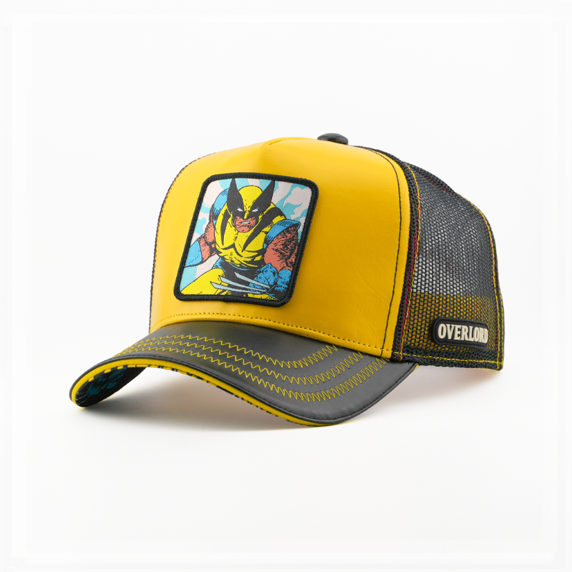 Yellow trucker cap with a Marvel's Wolverine patch, a black brim, and a black mesh side featuring the Overlord logo.