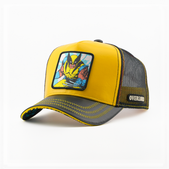 Yellow trucker cap with a Marvel's Wolverine patch, a black brim, and a black mesh side featuring the Overlord logo.
