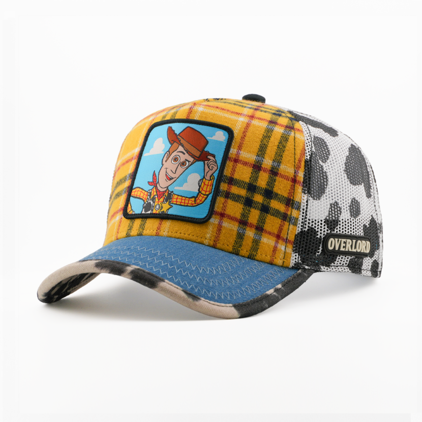 Plaid patterned cap with cartoon character patch and 'Overlord' branding on a white background