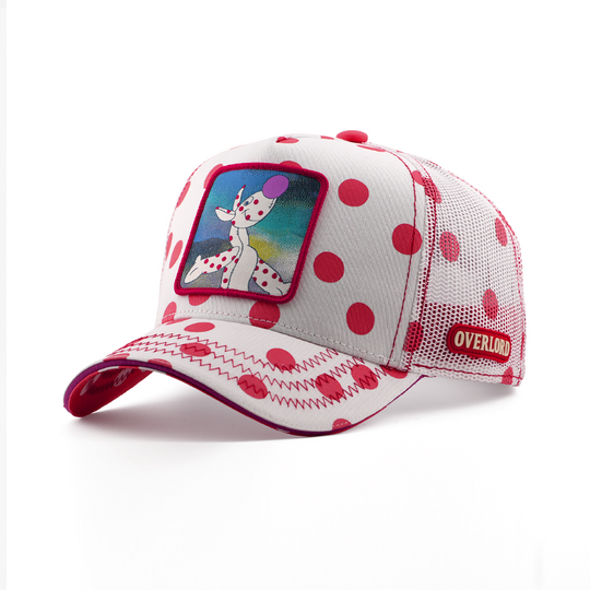Polka dot cap with a deer design on a white background