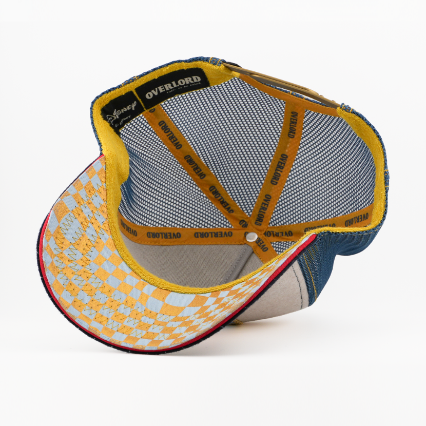 Blue and yellow cap with mesh back on a white background